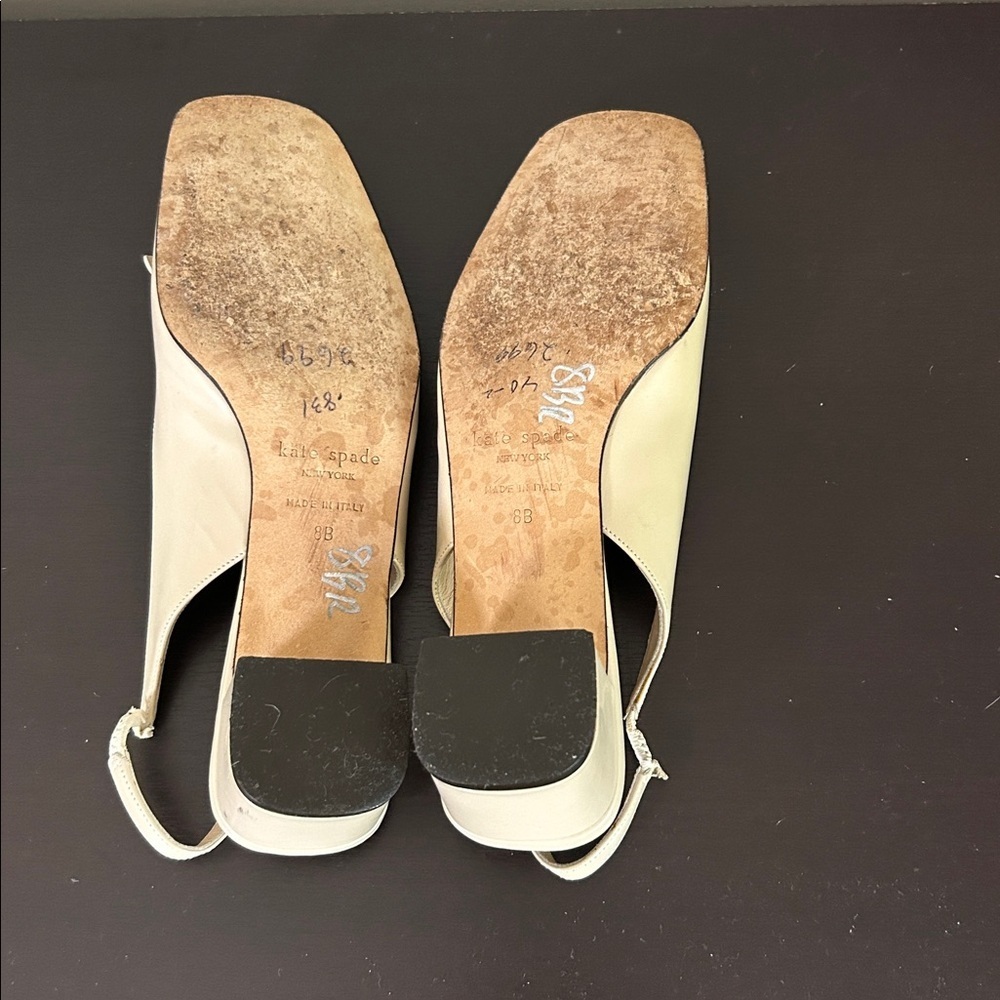 Kate Spade Slingback Heel Tan Bow Square Toe Logo Leather Made in Italy Sz 8 - Picture 8 of 10